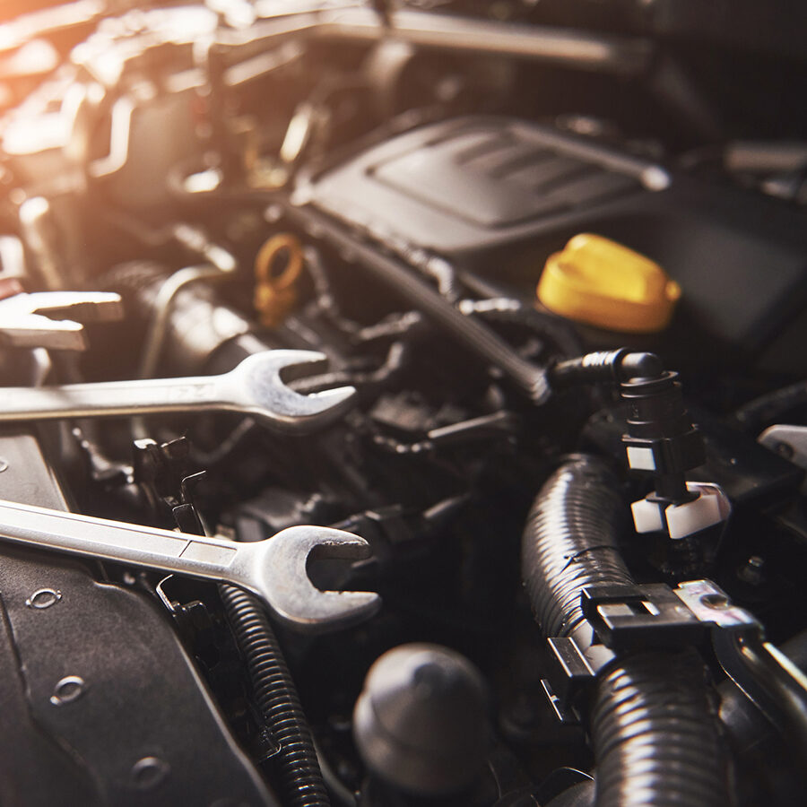 car engine and wrenches